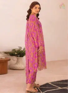 Back side of Zavi by Brenish D-06 with digital Bana Dora lawn print, offering coordinated detailing for a graceful, breezy seasonal outfit