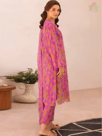 Back side of Zavi by Brenish D-06 with digital Bana Dora lawn print, offering coordinated detailing for a graceful, breezy seasonal outfit