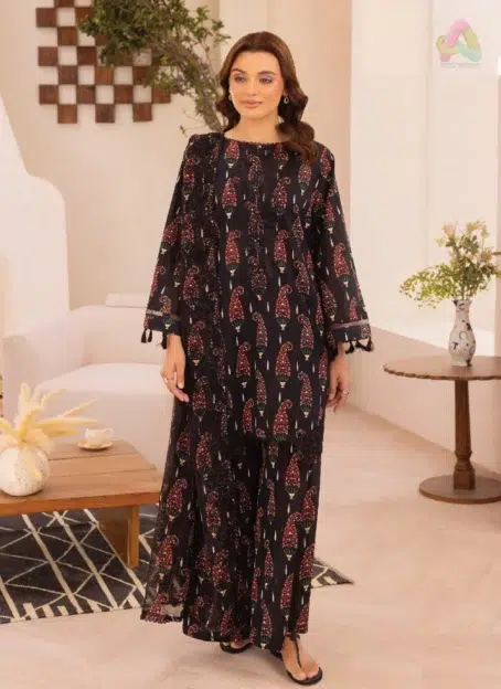Front view of Zavi by Brenish D-07 with neck embroidery on digitally printed lawn, offering a fresh and elegant summer outfit design