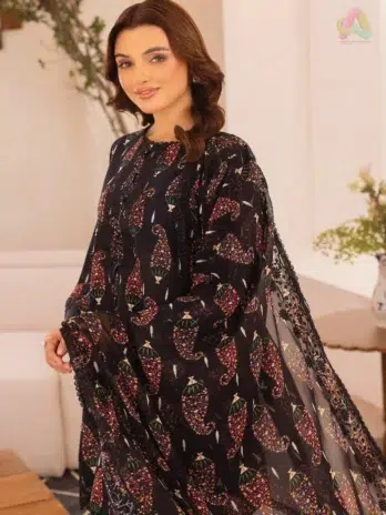 Close-up of neck embroidery and organza bunch from Zavi D-07, highlighting premium detailing from the elegant Brenish collection 2025