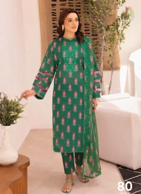 Front of Zavi by Brenish D-08 showing embroidered neckline on digital Bana Dora lawn with elegant floral print, ideal for summer occasions