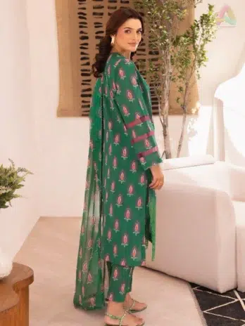 Back view of Zavi by Brenish D-08 featuring digitally printed Bana Dora lawn for a soft and graceful everyday summer look