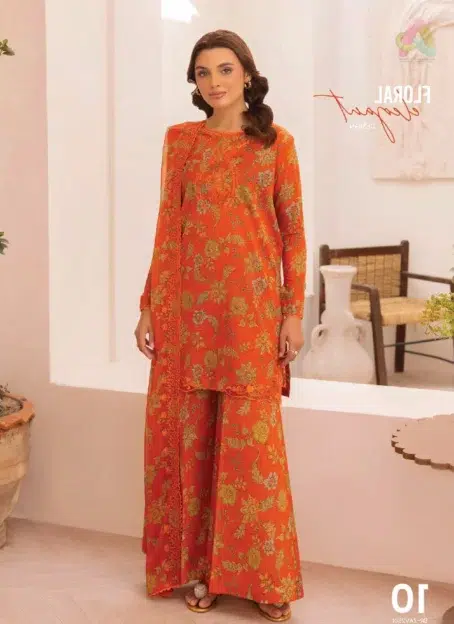 Front of Zavi by Brenish D-10 with neck embroidery on digital Bana Dora lawn, showcasing elegant summer prints and soft, breathable fabric