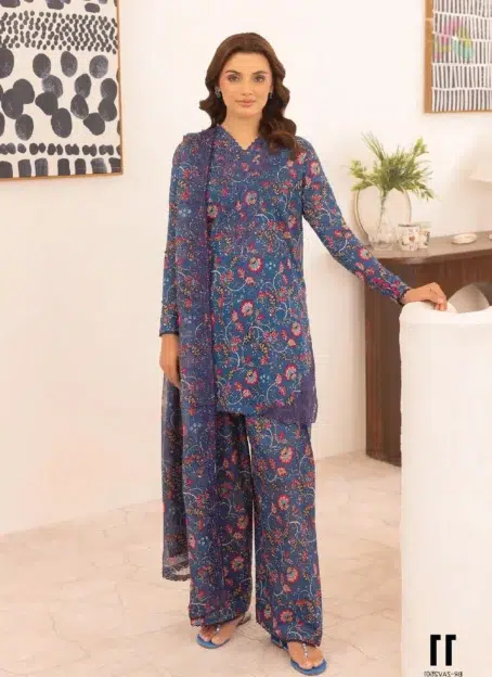 Zavi by Brenish D-11 front side with neck embroidery on printed lawn, offering elegance with premium summer fabric for graceful occasions