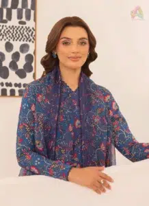 Close-up of neckline embroidery and organza bunch from Zavi by Brenish D-11, showcasing fine craftsmanship from Brenish collection 2025