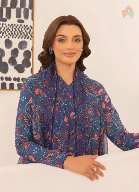Close-up of neckline embroidery and organza bunch from Zavi by Brenish D-11, showcasing fine craftsmanship from Brenish collection 2025