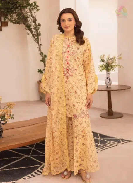 Front view of Zavi by Brenish D-12 showing neck embroidery on digital printed lawn fabric—perfect for graceful summer wear and festive looks
