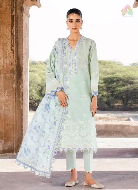 Front view of Zellbury Chikankari Vol 3 D-01 with embroidered lawn shirt and bold digital print from Zellbury lawn 2025 collection