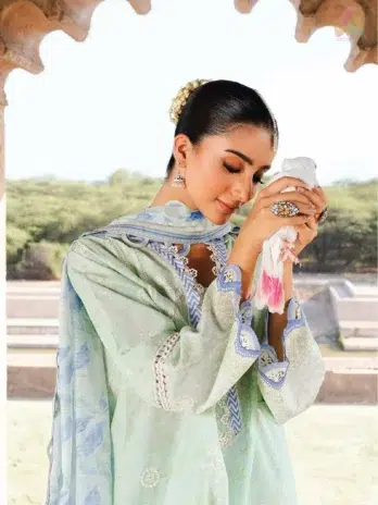 Close-up shot highlighting embroidery and digital print on shirt from Zellbury Chikankari Vol 3 D-01—crafted for timeless seasonal fashion.