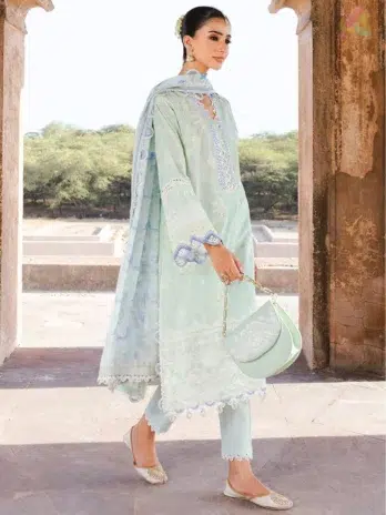 Complete look of Zellbury Chikankari Vol 3 D-01 showcasing full 2-piece set with printed shirt, Monar dupatta, and cambric trouser.