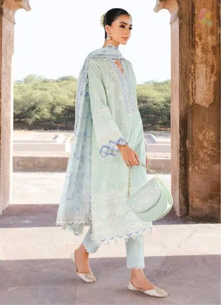 Complete look of Zellbury Chikankari Vol 3 D-01 showcasing full 2-piece set with printed shirt, Monar dupatta, and cambric trouser.
