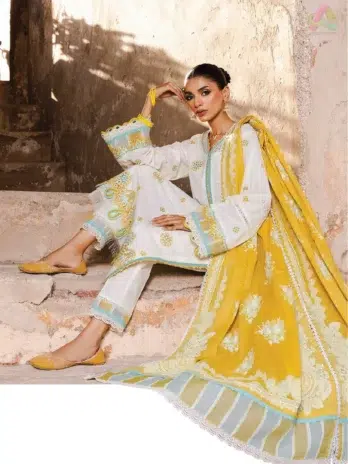 Full 3-piece look of Zellbury Chikankari Vol 3 D-02 with embroidered shirt, paste printed dupatta, and cambric trouser from Zellbury clothing.