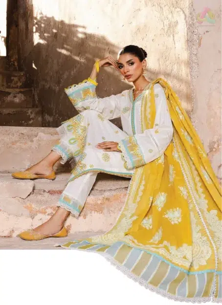 Full 3-piece look of Zellbury Chikankari Vol 3 D-02 with embroidered shirt, paste printed dupatta, and cambric trouser from Zellbury clothing.