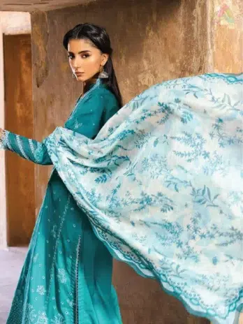 Full 3-piece look of Zellbury Chikankari Vol 3 D-03 featuring dyed shirt, printed dupatta, and cambric trouser from Zellbury lawn 2025.