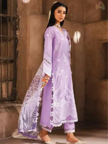 Backside of Zellbury Chikankari Vol 3 D-04 with dyed lawn shirt and cambric trouser in a flowing summer style.