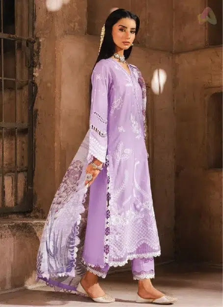 Backside of Zellbury Chikankari Vol 3 D-04 with dyed lawn shirt and cambric trouser in a flowing summer style.