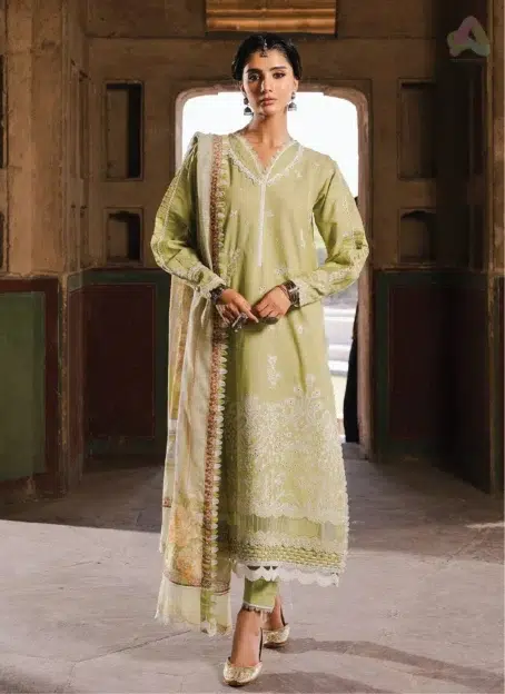 Front view of Zellbury Chikankari Vol 3 D-05 showcasing intricate embroidered lawn shirt and vibrant printed Monar dupatta from Zellbury New collection.