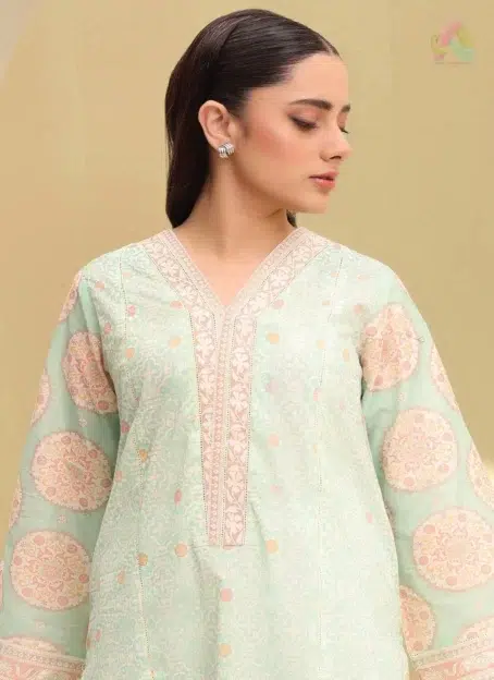 Close-up of neckline and sleeve design on Zellbury D-01 highlighting print detailing and fine stitching on premium lawn fabric