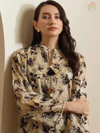 Close-up of Zellbury D-06 neckline and sleeve showcasing intricate digital print and lightweight lawn quality.