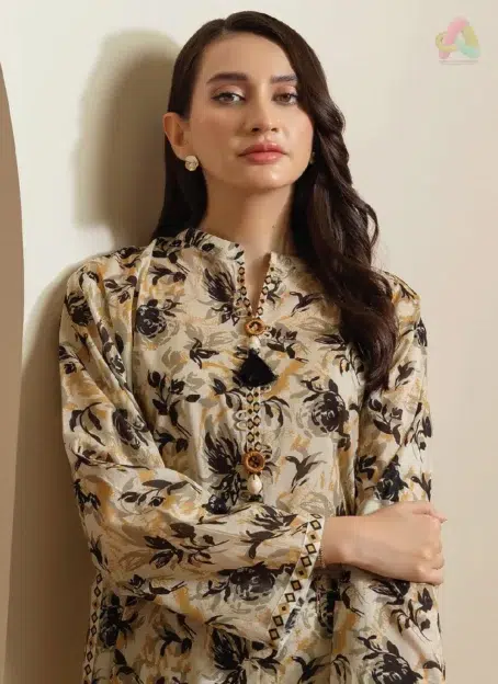 Close-up of Zellbury D-06 neckline and sleeve showcasing intricate digital print and lightweight lawn quality.
