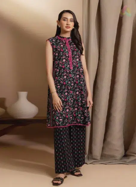 Front view of Zellbury D-07 2-piece showcasing digital printed lawn shirt with vibrant hues and relaxed silhouette for summer style