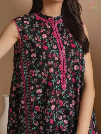 Close-up of neckline and sleeves of Zellbury D-07 highlighting digital print quality and fine texture of the soft lawn fabric