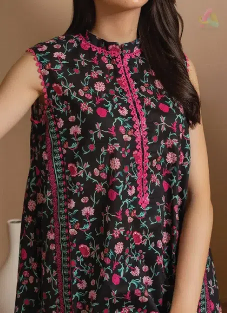 Close-up of neckline and sleeves of Zellbury D-07 highlighting digital print quality and fine texture of the soft lawn fabric