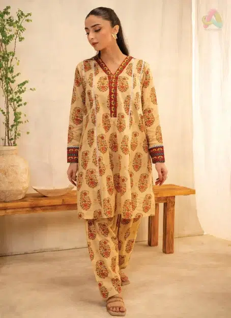 Front view of Zellbury Summer Vol 5 D-09 showing digital printed lawn shirt with fresh summer colors and contemporary neckline design