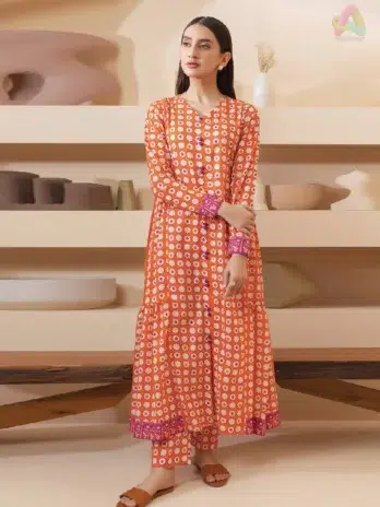 Front view of Zellbury Summer Vol 5 D-14 showcasing digital printed lawn shirt in bold hues from Zellbury lawn 2025 summer women’s collection