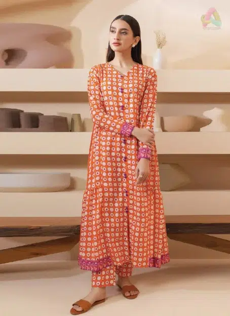 Front view of Zellbury Summer Vol 5 D-14 showcasing digital printed lawn shirt in bold hues from Zellbury lawn 2025 summer women’s collection