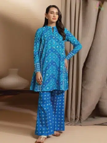 Front view of Zellbury Summer Vol 5 D-15 showing a digitally printed lawn shirt in bright seasonal colors from Zellbury lawn 2025 collection