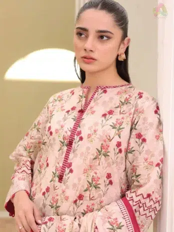 Detailed close-up of the soft Doria dupatta and lawn shirt print in Zellbury D-18 – crafted for style and comfort in hot weather