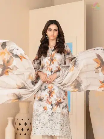 Complete look of Elira by Tawakkal D-3019 3-piece suit with digital printed dupatta and plain cotton shalwar.