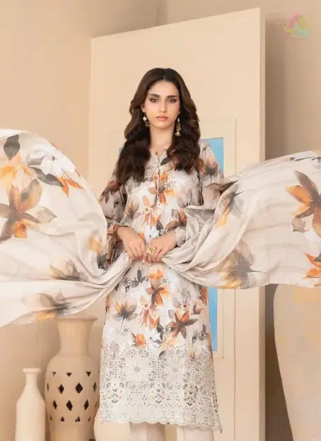 Complete look of Elira by Tawakkal D-3019 3-piece suit with digital printed dupatta and plain cotton shalwar.
