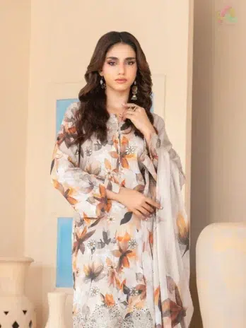 Close-up of Elira by Tawakkal D-3019 highlighting fine embroidery on the neckline and intricate lawn texture