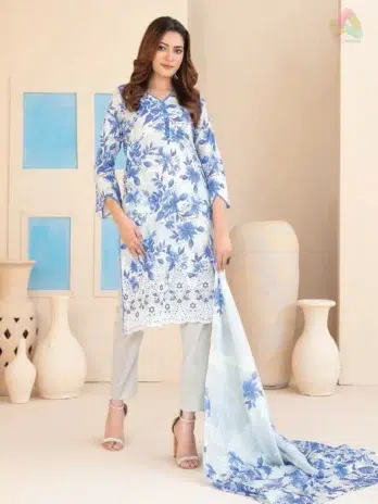 Front view of Elira by Tawakkal D-3020 showing embroidered digital printed lawn shirt with fine embroidery details from Tawakkal lawn 2025
