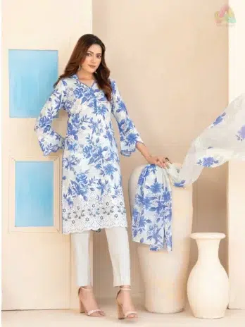 Full look of Elira by Tawakkal D-3020 3‑piece suit including printed dupatta and cotton shalwar from Tawakkal New Collection 2025