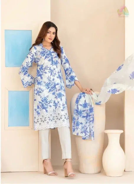 Full look of Elira by Tawakkal D-3020 3‑piece suit including printed dupatta and cotton shalwar from Tawakkal New Collection 2025