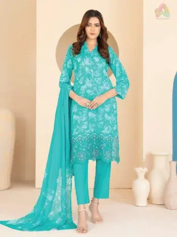 Elira by Tawakkal D-3021 front view showing embroidered digital printed lawn shirt in vibrant tones with detailed neckline work.