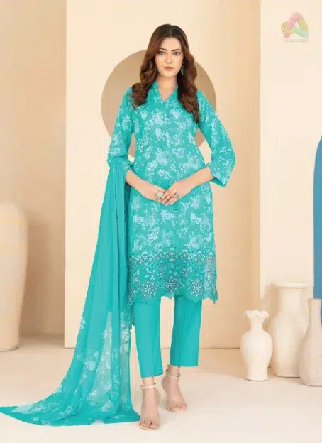 Elira by Tawakkal D-3021 front view showing embroidered digital printed lawn shirt in vibrant tones with detailed neckline work.