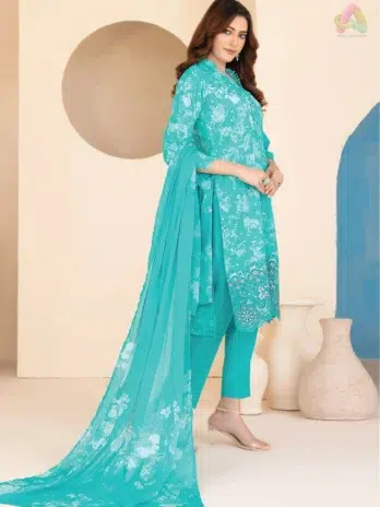 Back side of Elira by Tawakkal D-3021 showcasing digital print and elegant flow of lightweight lawn fabric.