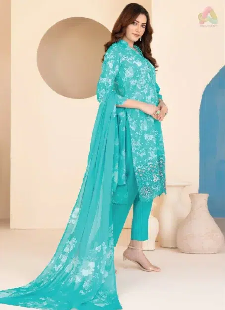 Back side of Elira by Tawakkal D-3021 showcasing digital print and elegant flow of lightweight lawn fabric.