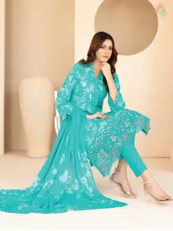 Full view of Elira by Tawakkal D-3021 3-piece suit including shirt, printed dupatta, and plain cotton shalwar from Tawakkal lawn.