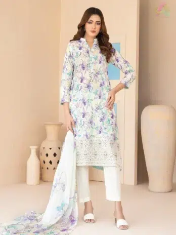 Front view of Elira by Tawakkal D-3022 showing the embroidered digital printed lawn shirt with vibrant colors and traditional motifs.