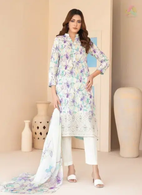 Front view of Elira by Tawakkal D-3022 showing the embroidered digital printed lawn shirt with vibrant colors and traditional motifs.