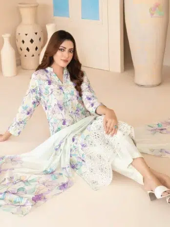 Full 3-piece suit Elira by Tawakkal D-3022 displayed with shirt, dupatta, and shalwar in a complete styled look from Tawakkal Fabrics.