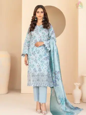 Front view of Elira by Tawakkal D-3023 showcasing embroidered digital printed lawn shirt with elegant color palette and fine detailing.