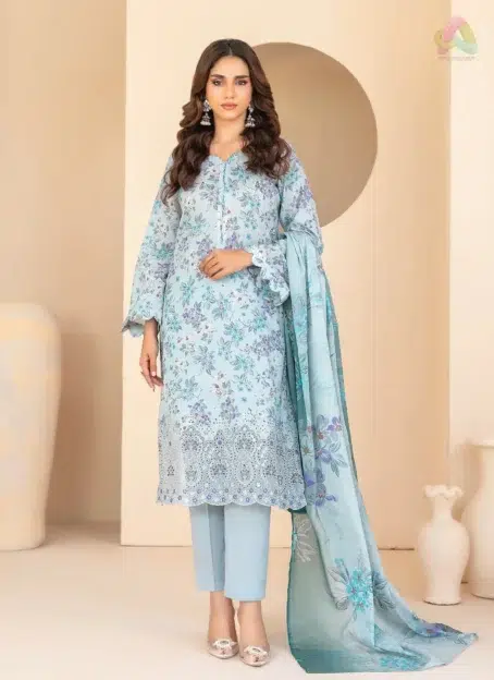Front view of Elira by Tawakkal D-3023 showcasing embroidered digital printed lawn shirt with elegant color palette and fine detailing.