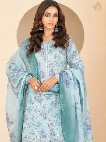 Close-up of embroidery on Elira by Tawakkal D-3023 featuring intricate threadwork and vibrant digital print for a luxurious, modern ethnic look.