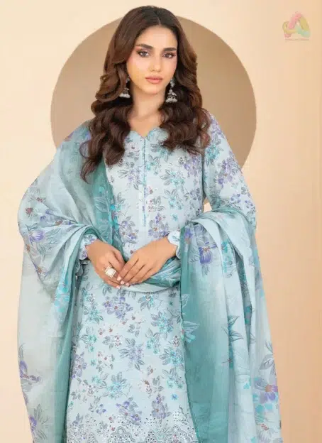Close-up of embroidery on Elira by Tawakkal D-3023 featuring intricate threadwork and vibrant digital print for a luxurious, modern ethnic look.